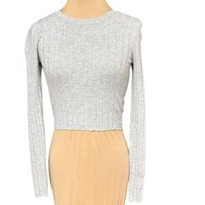 top GARAGE gray sweater S stretch viscose ribbed long sleeve crew neck fitted